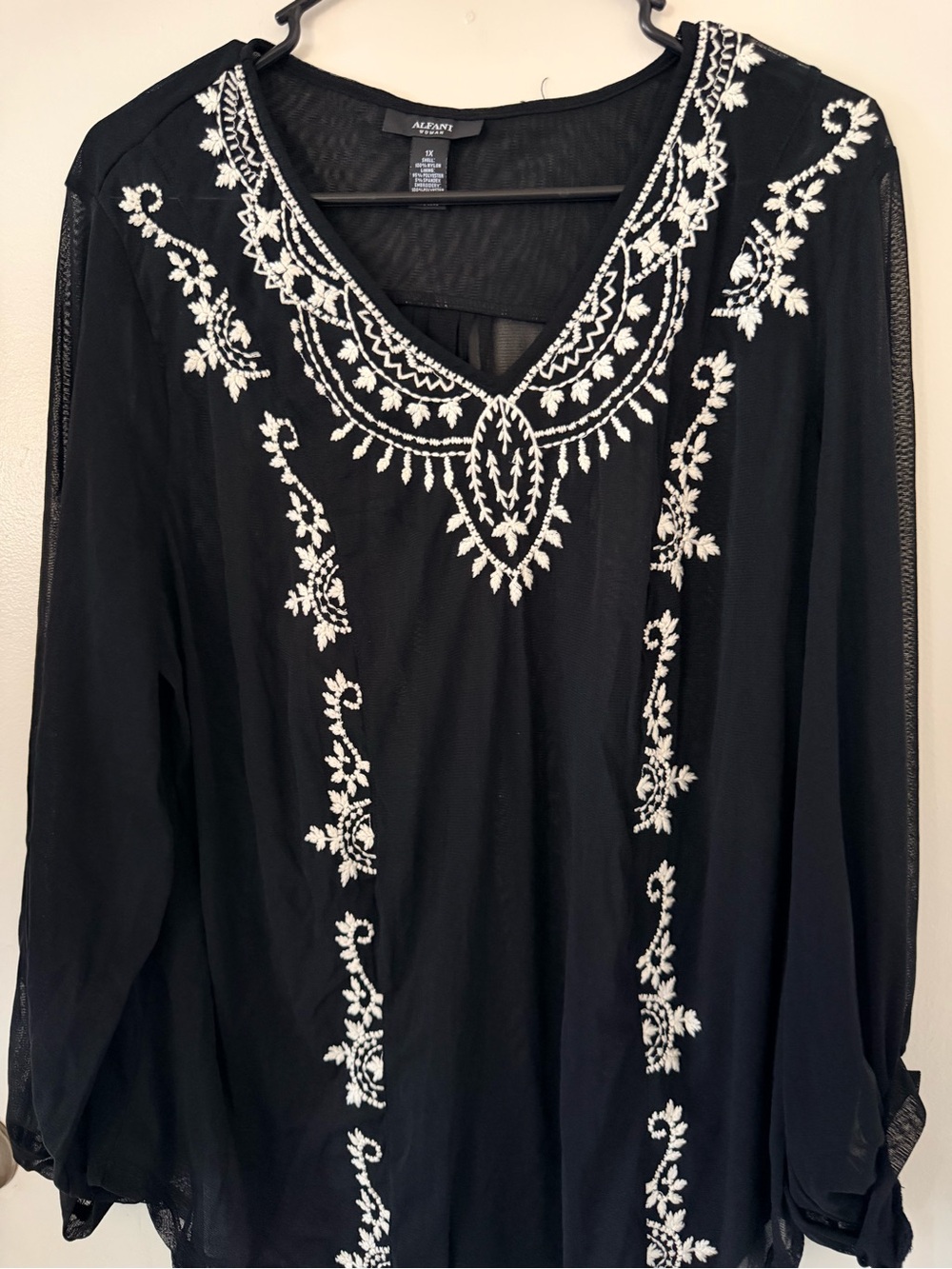 Alfani Black V-Neck Long Sleeve Top with White Floral Embroidery